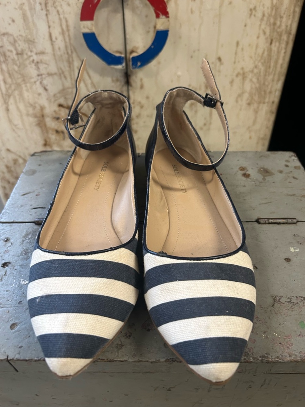 Sole Society Navy and White Striped Pointed Ankle-Strap Flats 7.5